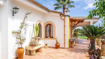 A courtyard with a tiled floor, potted plants, a bench, and a pergola structure.