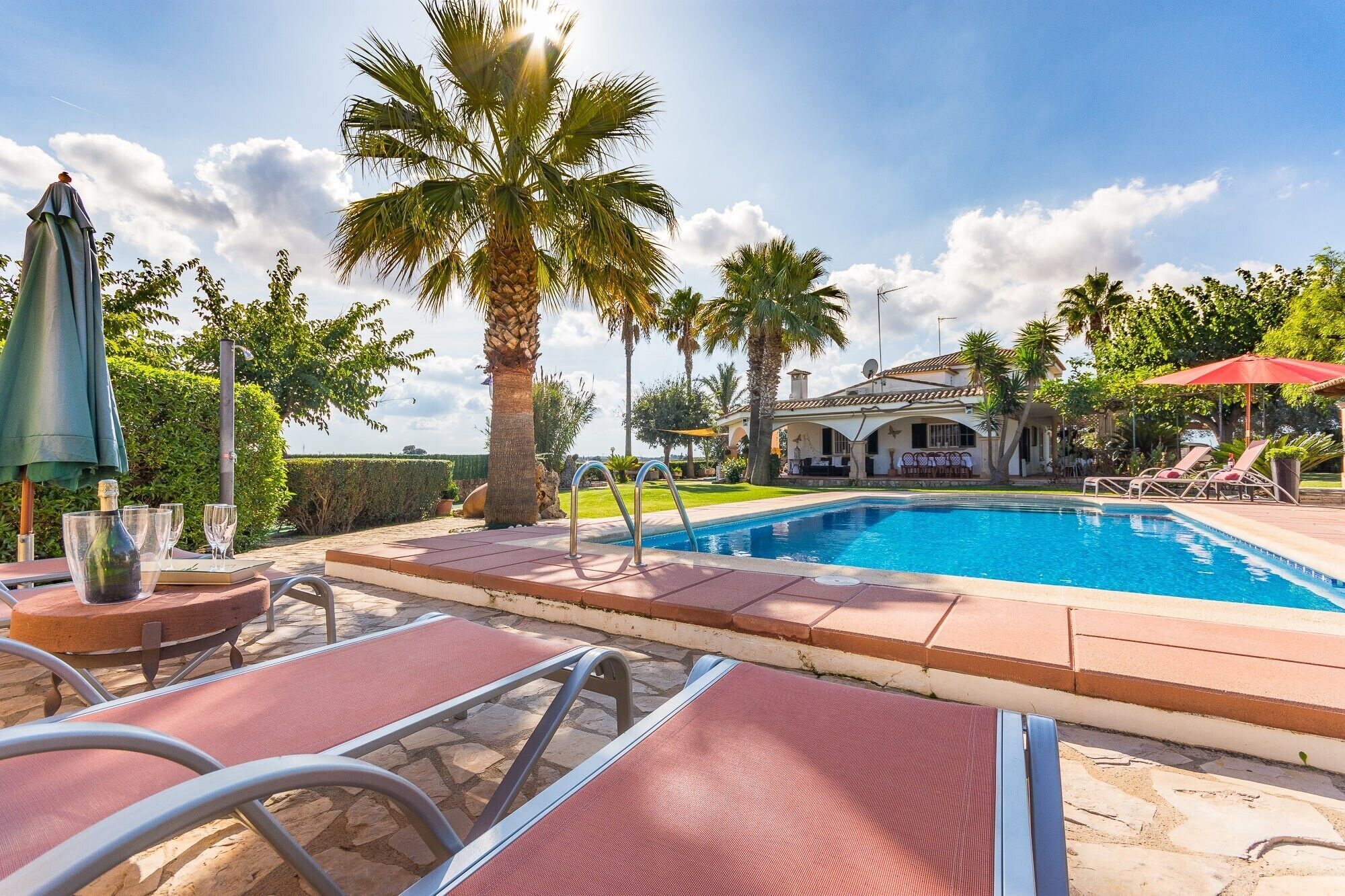 A swimming pool with lounge chairs, palm trees, and a building in the background.