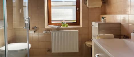 Shower, hair dryer, towels