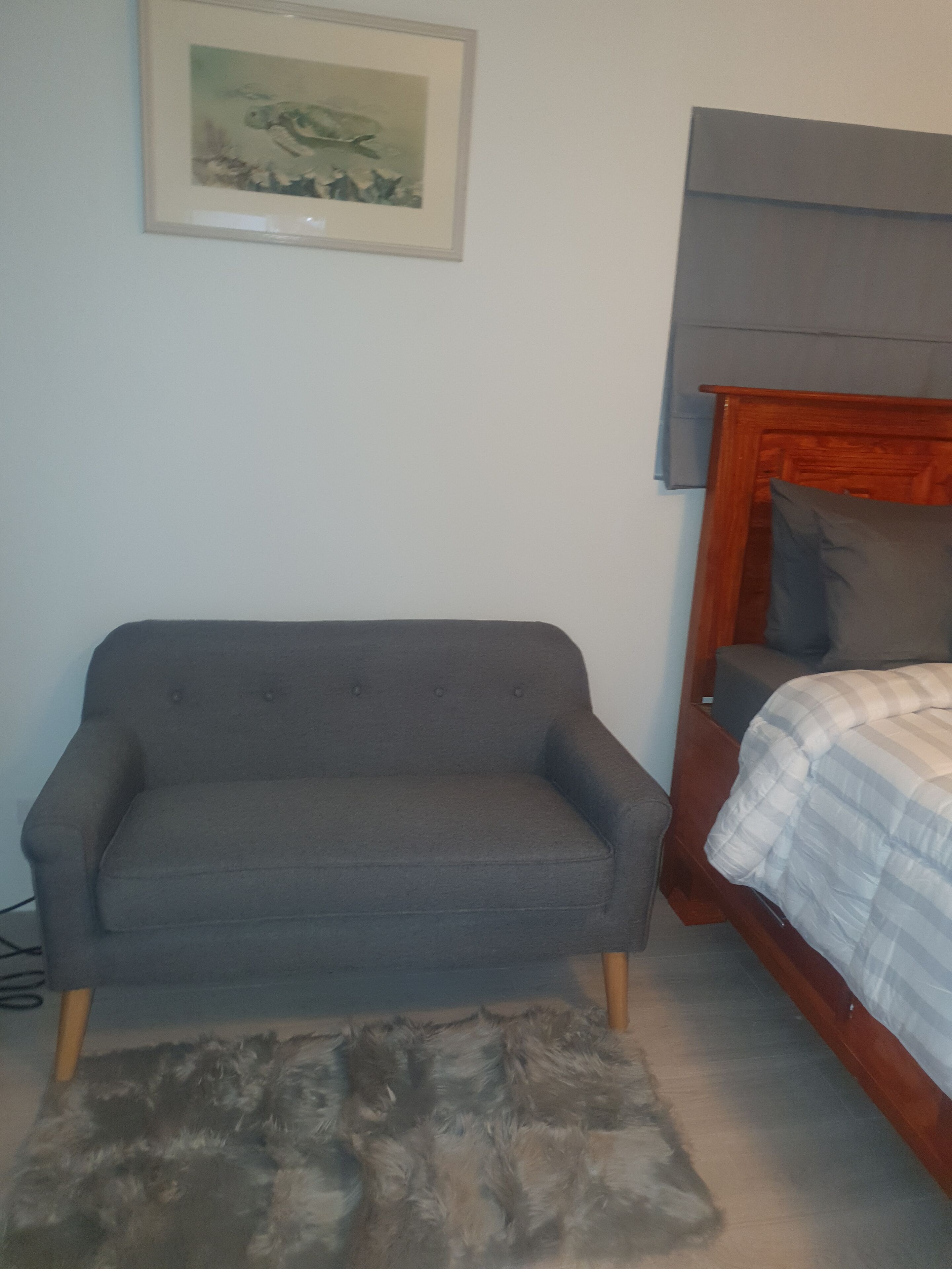 Una camera da letto con un divano grigio, una struttura letto in legno e un quadro appeso al muro.