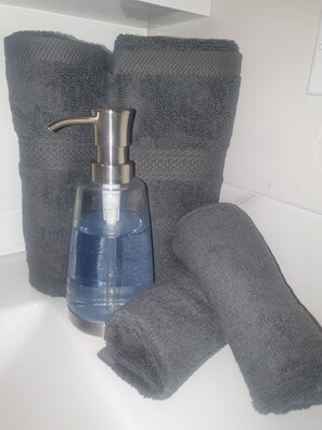 Tina con regadera, secadora de cabello, toallas, jabón 