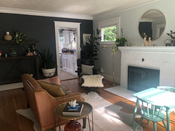 TV, fireplace, books