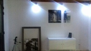 A room with a white cabinet, a framed picture on the wall, and a tripod with a camera. - THE TOTAL APPARTMENT IS YOURS ALONE (BUDAPEST)