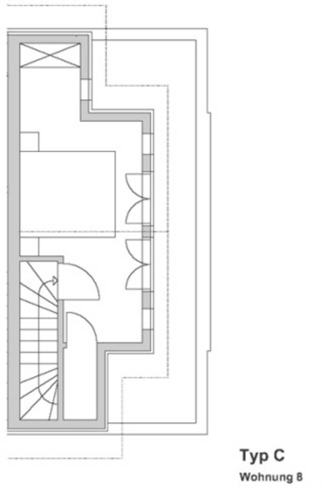 A floor plan labeled 'Typ C Wohnung 8' with a central living area, a kitchen, a dining area, and a staircase.