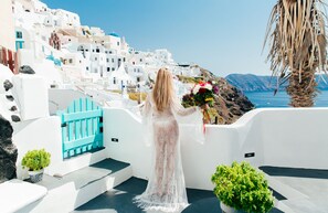 A white building with a blue gate, a palm tree, and a view of the sea. - Blessed Blue Boutique Cave Suite in the heart of Oia (Oia)