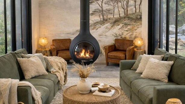A cozy living room with a fireplace, two armchairs, a sofa, and a round coffee table with a vase and bowls. - Spacious house with pool and beach access (Les Portes-en-Ré)