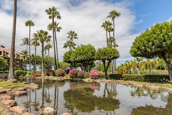 A landscaped garden with a pond, palm trees, and flowering shrubs.