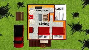 Ein 2D-Grundriss eines Hauses mit beschrifteten Räumen: Kamin, Wohnzimmer und Badezimmer. Ein Auto ist draußen geparkt.