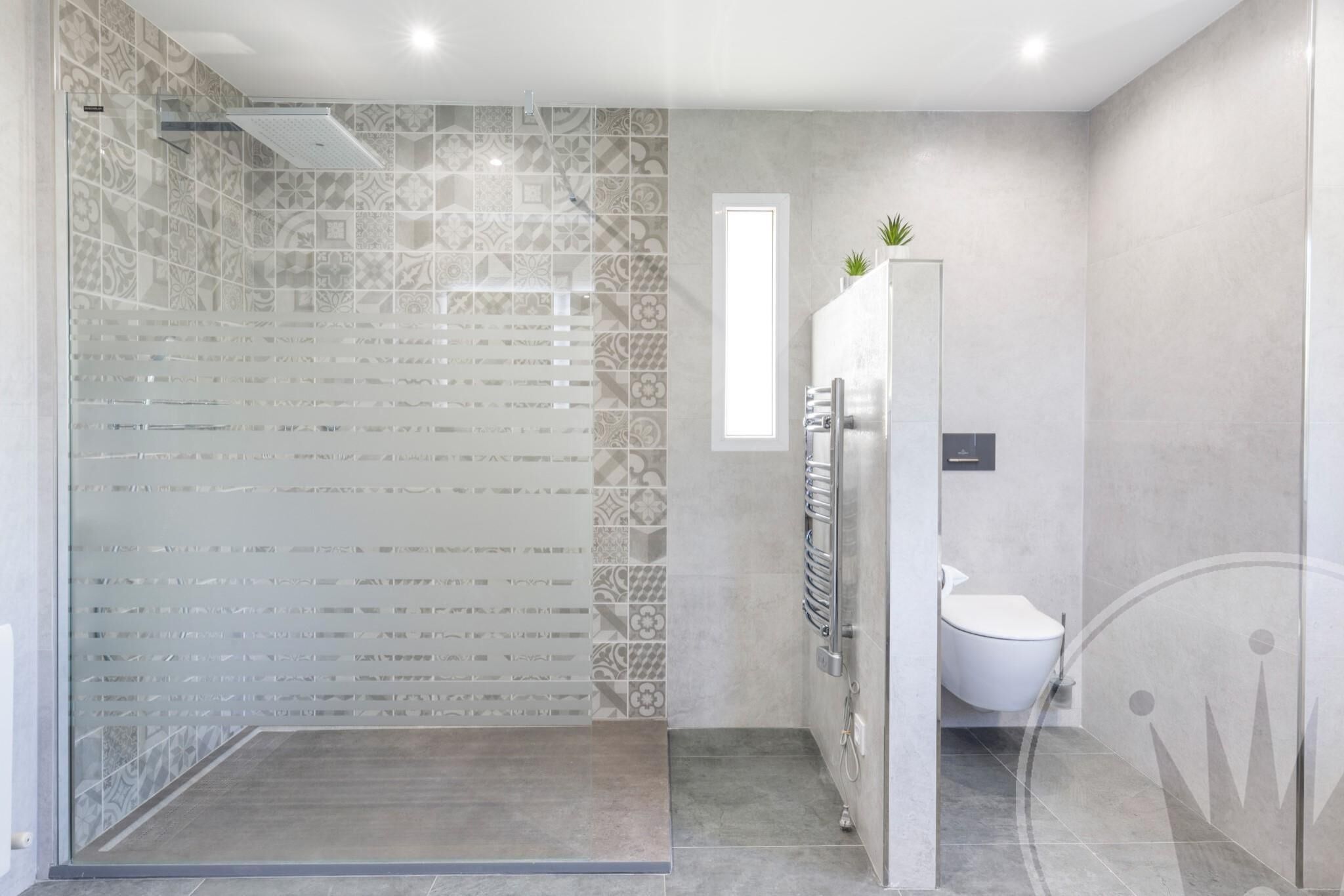 Un baño moderno con cabina de ducha, inodoro y una pequeña planta en maceta.