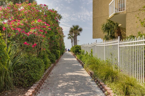 A pathway flanked by lush greenery and a white fence, leading towards a building with balconies.