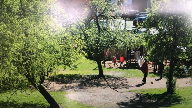 Een park met bomen, een speeltuin en een gebouw met pannendak in de verte.