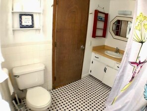 Une salle de bain avec des toilettes, un lavabo et un miroir.