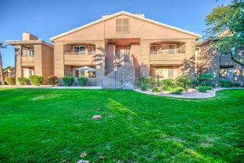 Outside building, grassy area
