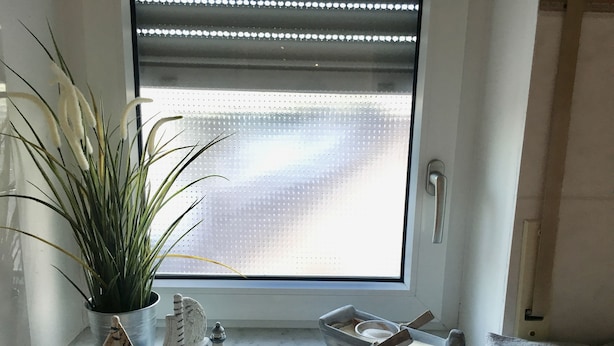 Une fenêtre donnant sur un paysage urbain, une plante en pot et divers objets décoratifs placés sur un rebord de fenêtre.