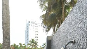 A textured wall with a water feature, a pool, and a palm tree. - Brisa Oceanfront + Beach + Pool + Ocean View Balcony (San Juan)