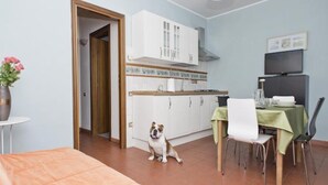 Ein Zimmer mit einem Bett, einem Esstisch mit Stühlen, einer Küchenzeile und einem Hund in der Nähe der Tür.