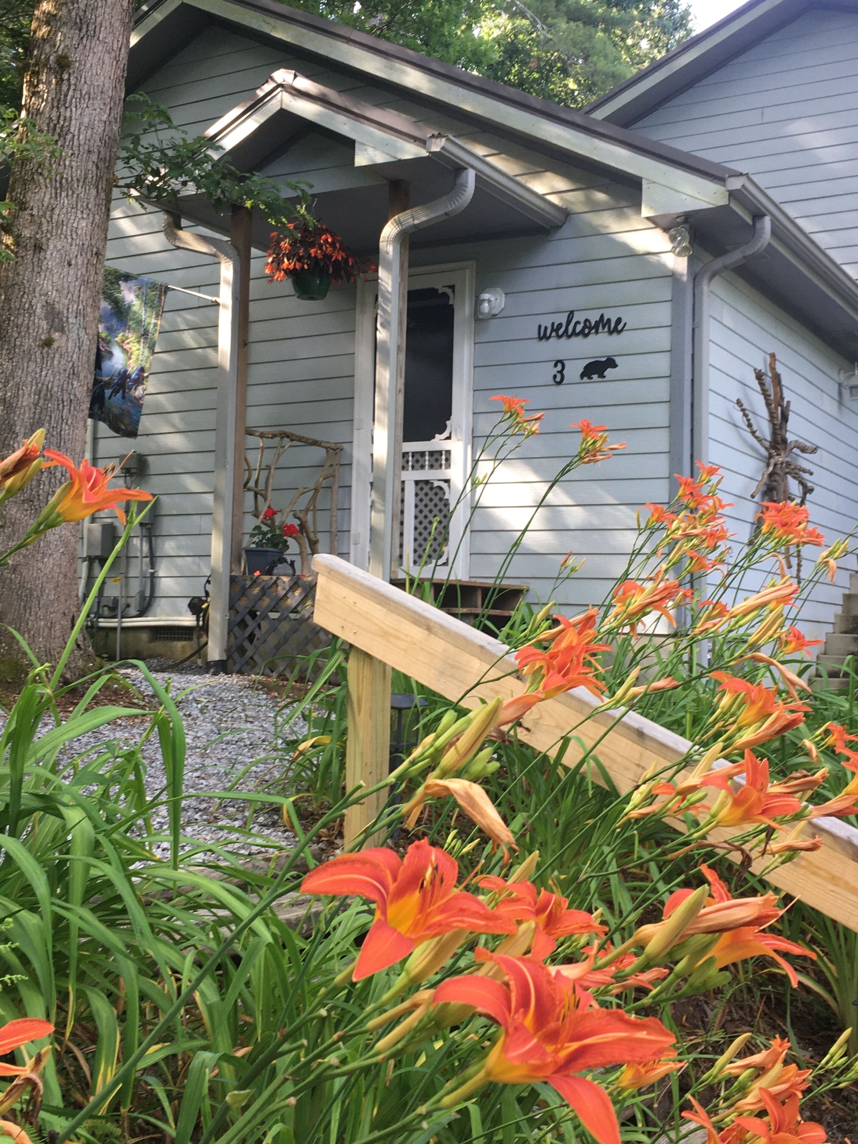 A house with a 'welcome' sign and a number '3' on the door, surrounded by orange lilies and a tree.