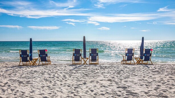 A beach with rows of beach chairs and umbrellas, arranged in a line facing the ocean.