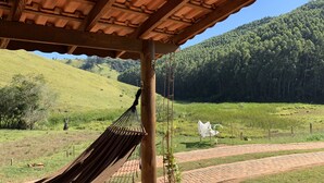 A hammock under a wooden pergola with a view of a green field and a forested hill. - Lots of charm and comfort in the mountains of Cunha (Cunha, Sp)