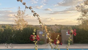 A poolside view with a clear sky, a sign indicating pool capacity, and a decorative plant in the foreground. - Spectacular Mountain Views, Supreme Tranquility & Privacy in Tesuque! (Santa Fe)
