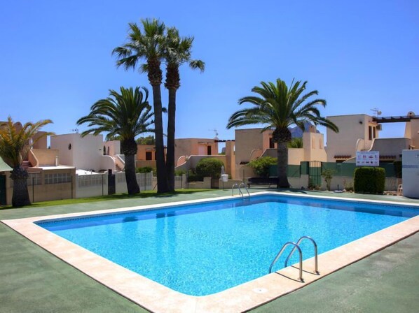 A rectangular swimming pool with a clear blue water surface, surrounded by a light-colored deck. There are palm trees and a building with a flat roof in the background.