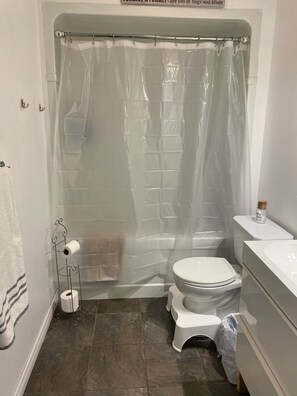 Ensemble baignoire-douche, serviettes fournies, savon