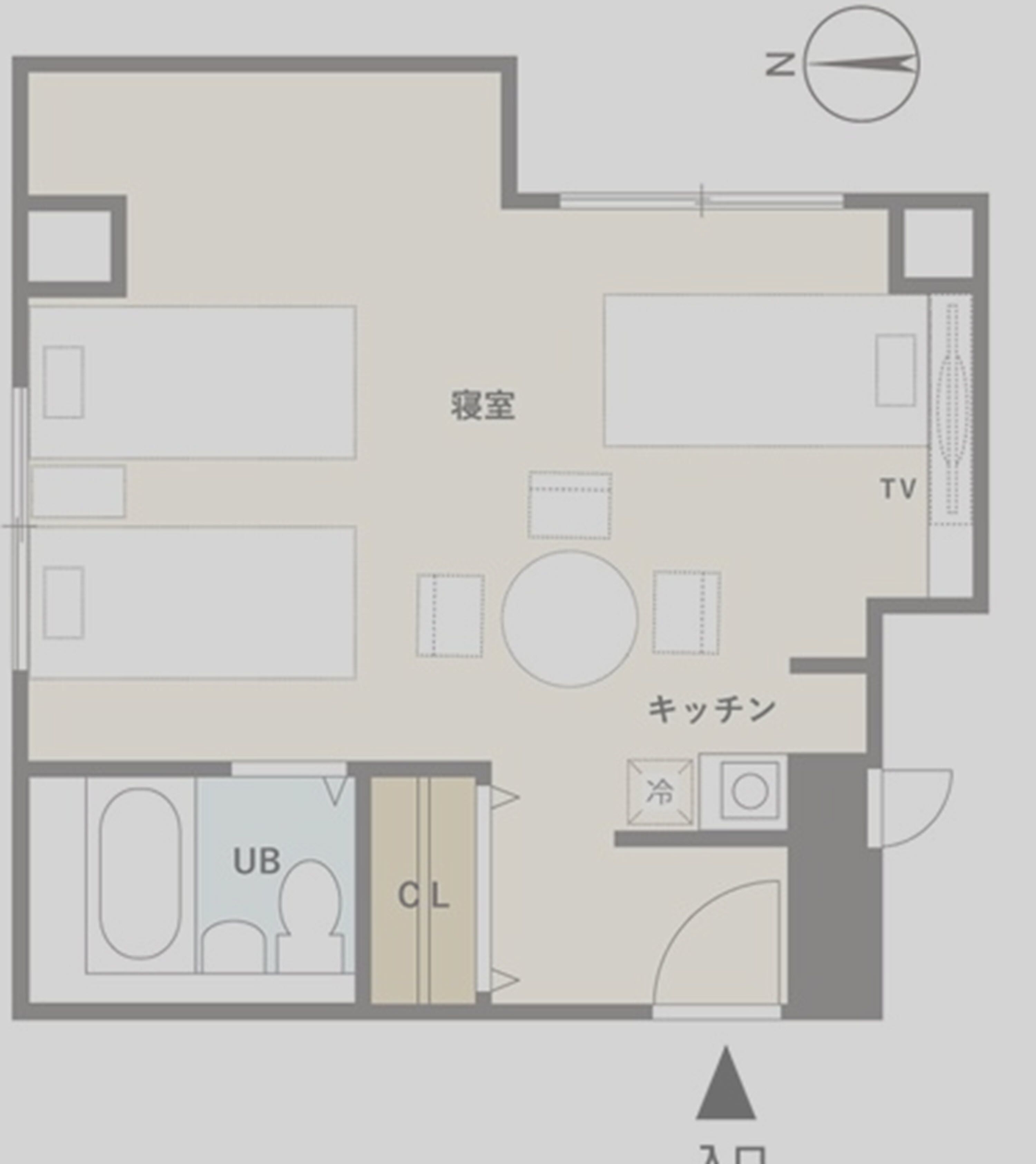 A hotel room layout with a bedroom, bathroom, kitchenette, and TV.