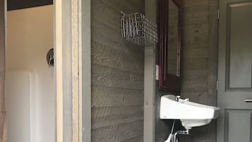 Shower, towels, soap, toilet paper