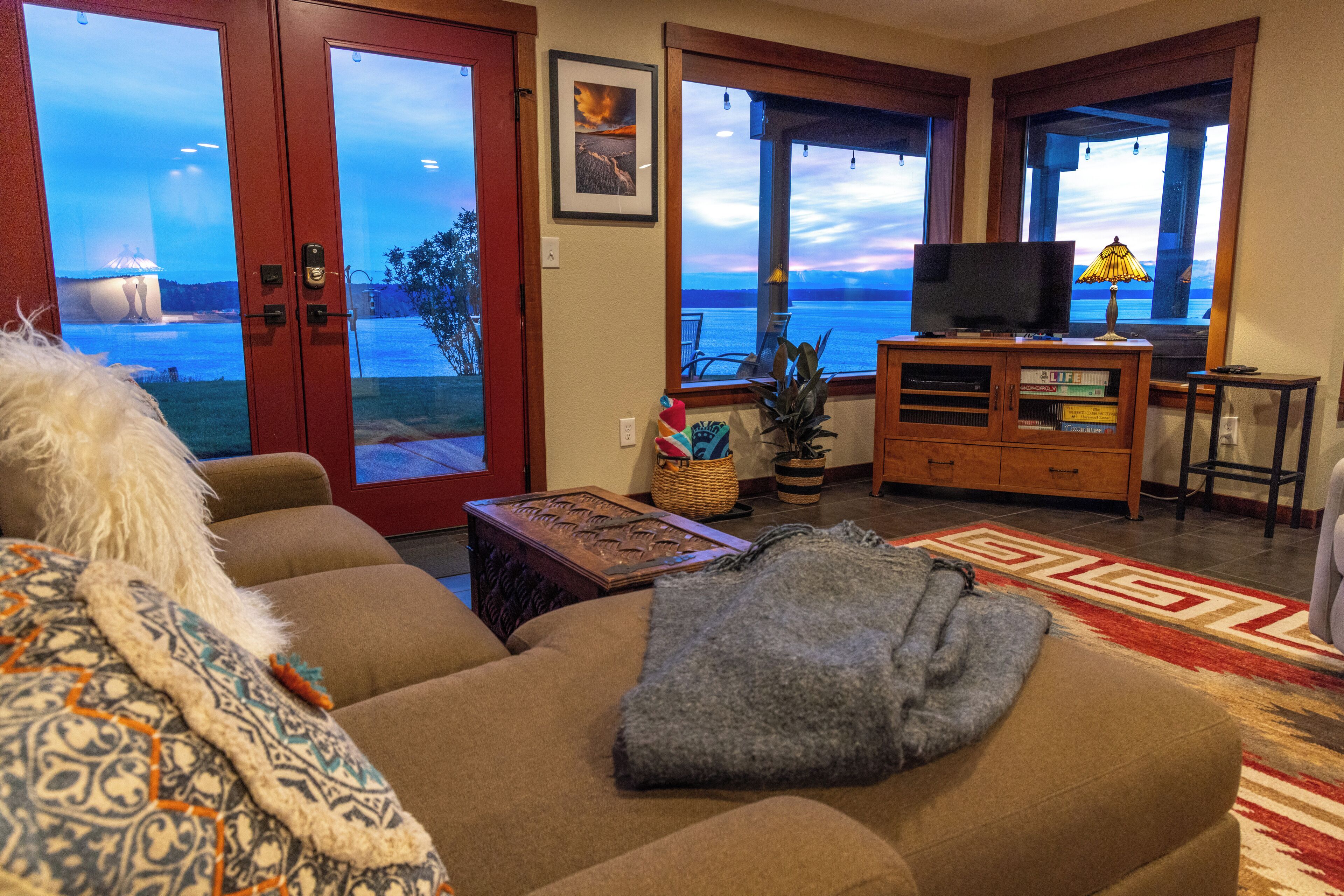 Smart TV, fireplace, DVD player, books