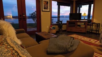 Smart TV, fireplace, DVD player, books