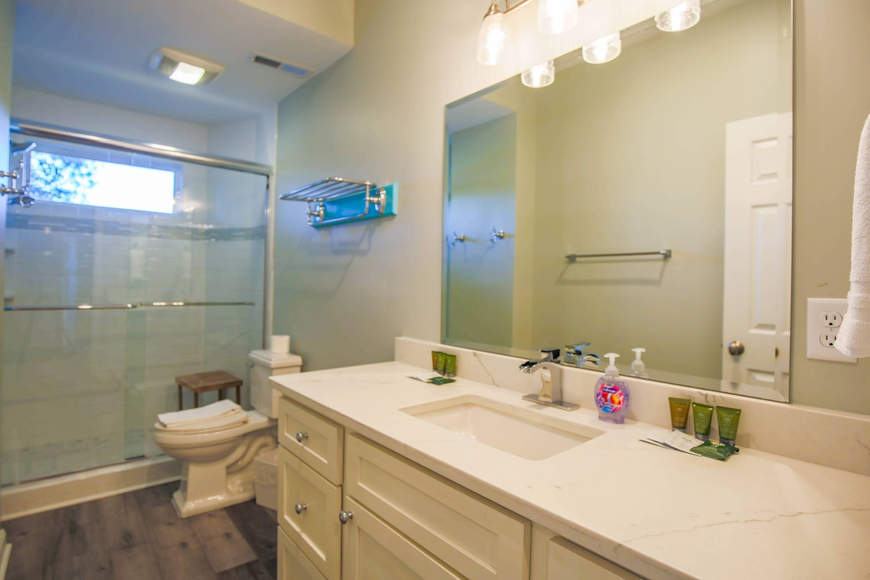 A modern bathroom with a glass shower enclosure, a toilet, a vanity with a sink, and a large mirror.