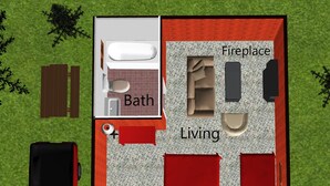 Een 2D plattegrond van een huis met een badkamer, woonruimte en open haard.