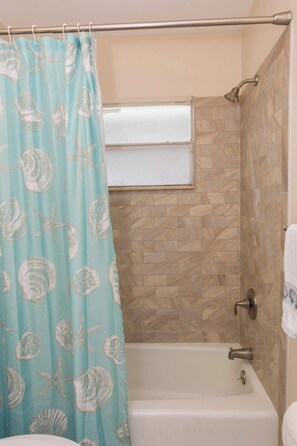 Combined shower/tub, hair dryer, shampoo