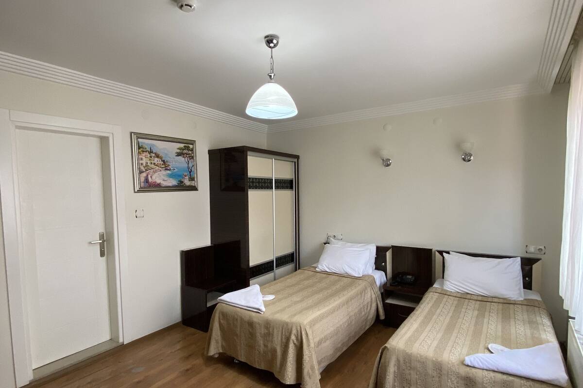 Habitación de hotel con dos camas, un armario, un cuadro y una lámpara en el techo.
