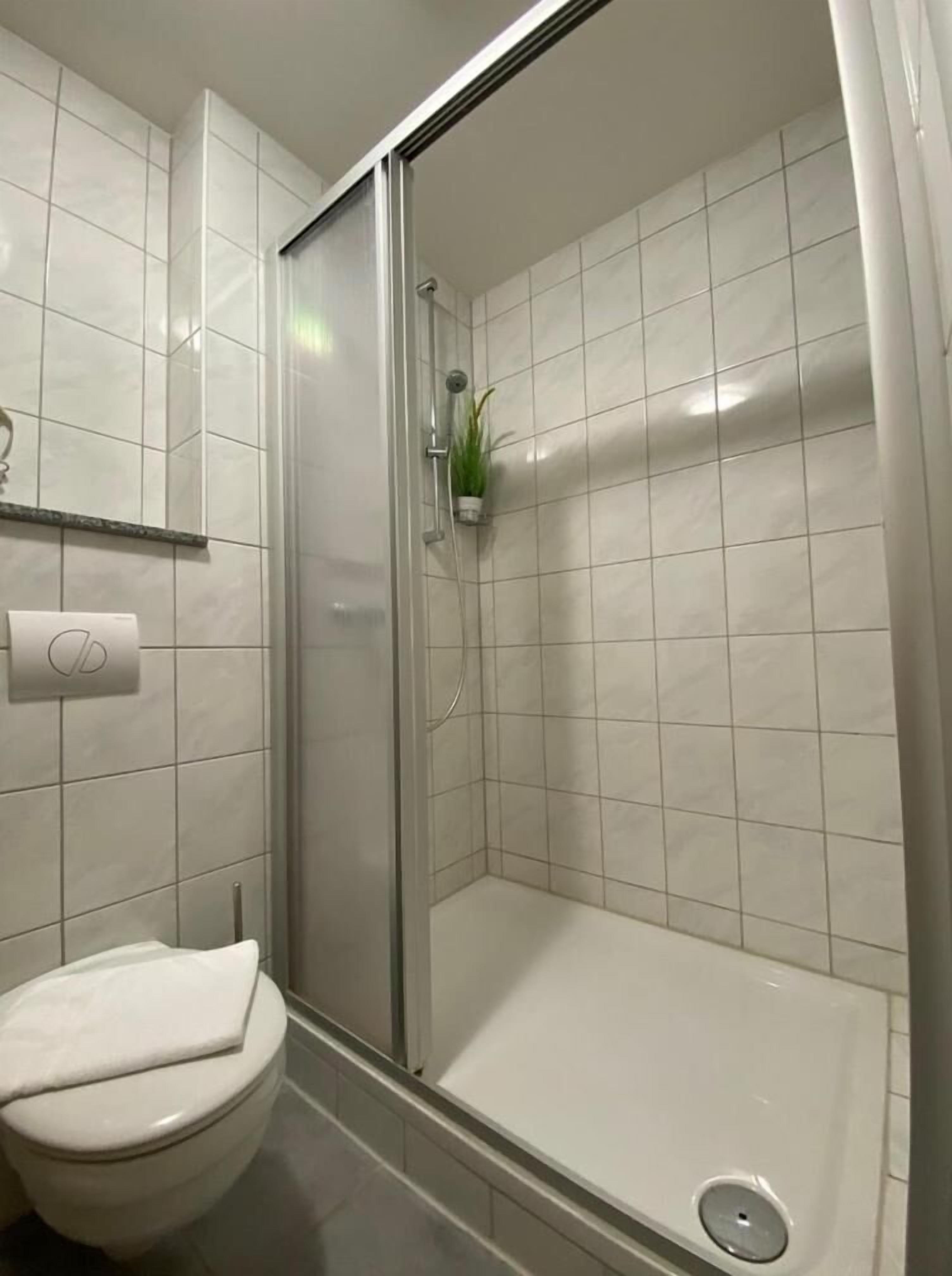 A bathroom with a toilet, a shower enclosure, and a tiled wall.