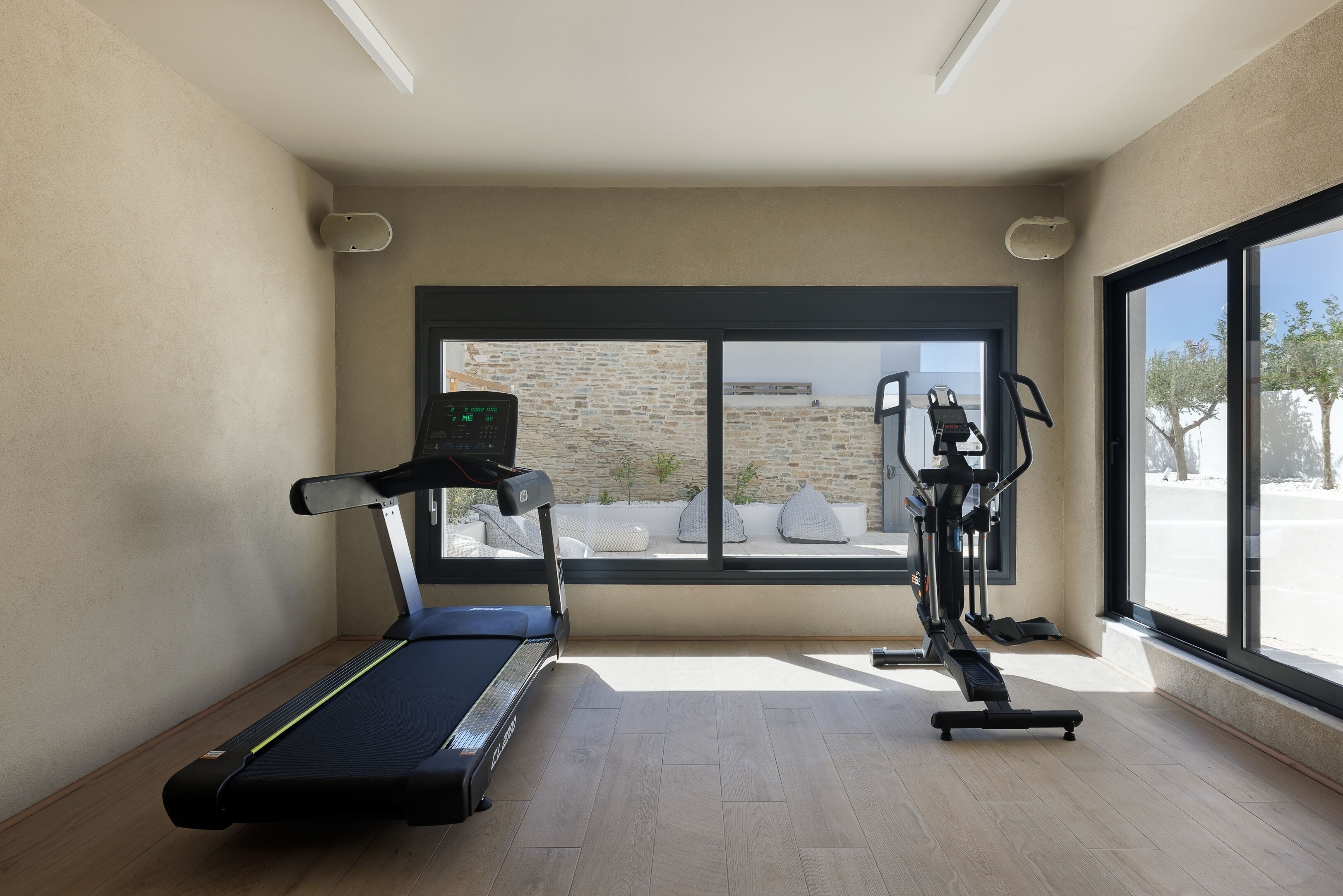Une salle de sport équipée d’un tapis de course et d’un vélo elliptique, dotée de grandes fenêtres et d’un mur en pierre.