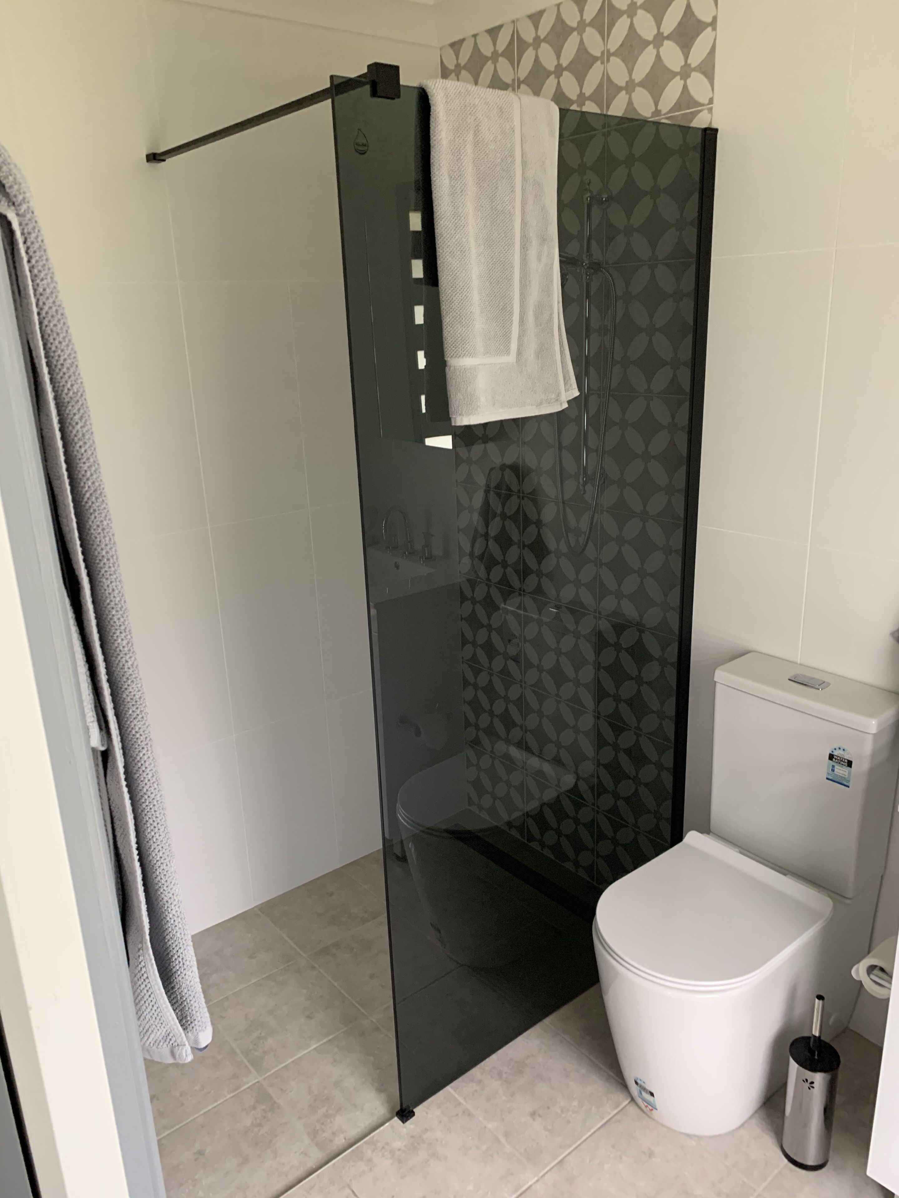 Combined shower/tub, hair dryer, soap, toilet paper