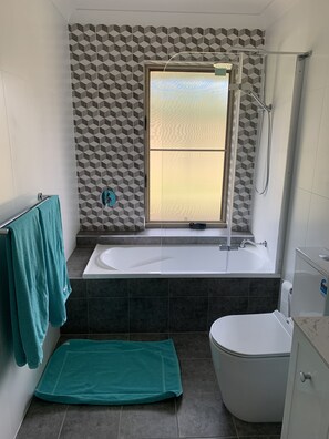 Combined shower/bathtub, hair dryer, soap, toilet paper