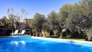 A swimming pool with a clear blue water surface, surrounded by trees and a stone wall. - Beautiful private villa with A/C, private pool, WIFI, TV, patio, panoramic view, close to Sorrento (Sant'agata Sui Due Golfi)
