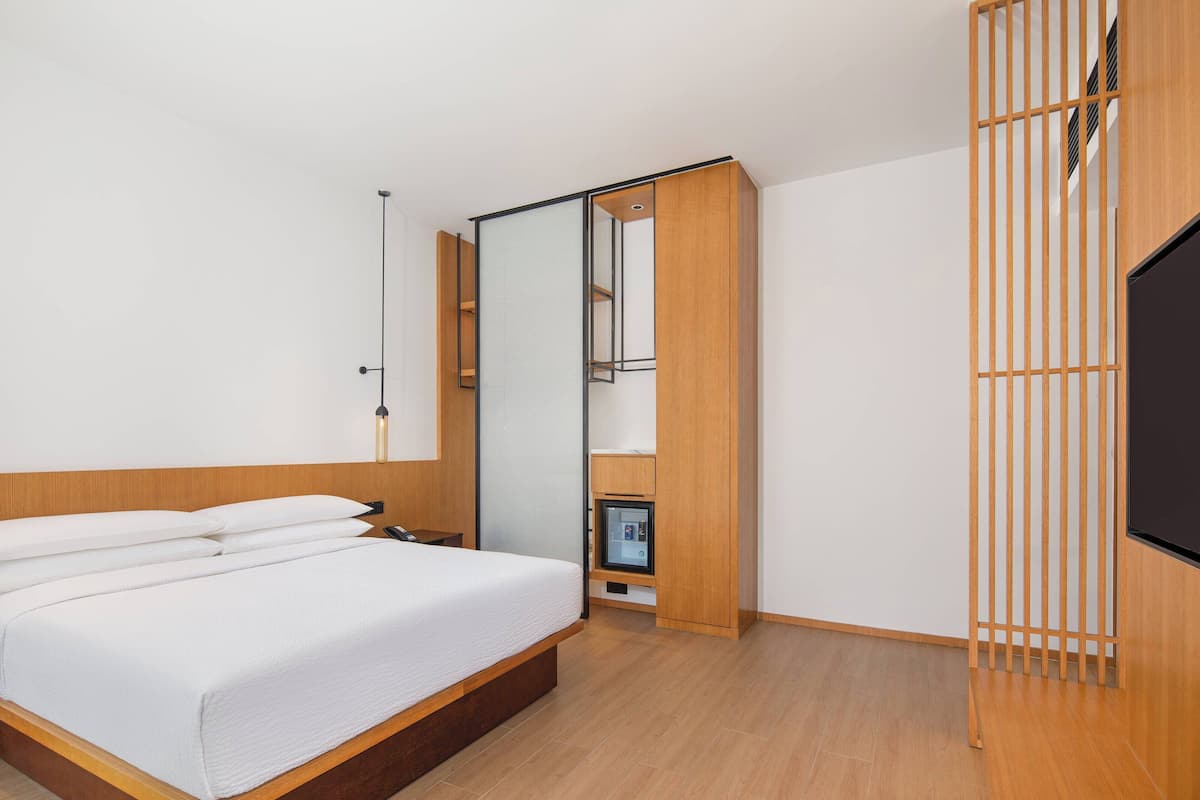A modern hotel room with a wooden bed, a built-in TV, and a sliding wardrobe.