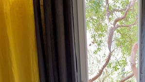 A room with a bed, a colorful blanket, and a view of trees through a window. - Apartment center Saint-tropez (Saint-Tropez)