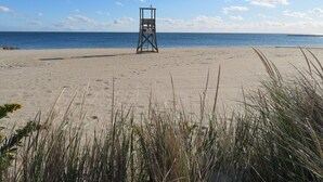 Una playa con una torre de salvavidas en el centro.