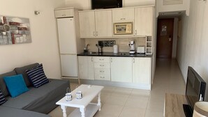 Ein kompakter Wohnraum mit Küchenzeile, einem grauen Sofa mit blauen Kissen, einem weißen Couchtisch und einem Fernseher auf einem Holzgestell.