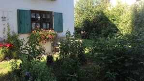 Un bâtiment blanc avec des volets verts, une fenêtre agrémentée d’une jardinière et un jardin où poussent différentes plantes et fleurs.