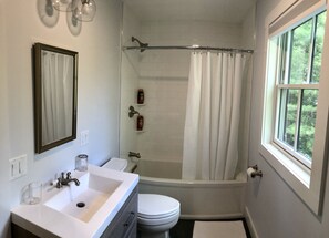 Combined shower/bathtub, hair dryer, towels, toilet paper