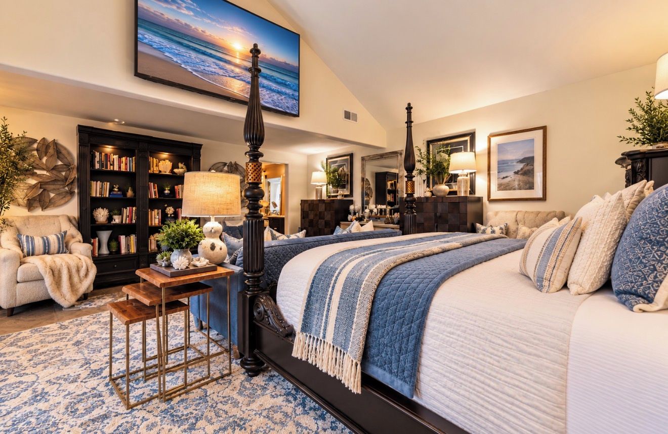 A bedroom with a large bed, a side table, a bookshelf, and a painting of a sunset.