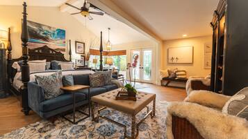 Smart TV, fireplace, books, music library