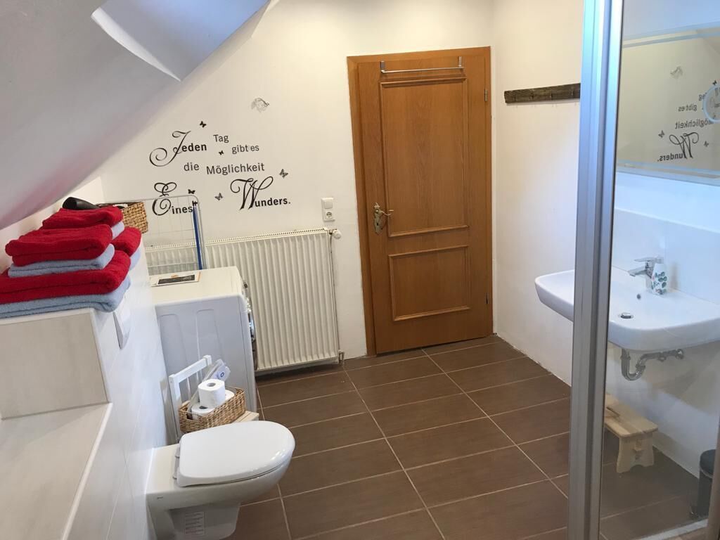 Et badeværelse med toilet, håndvask, brusebad og en trædør.