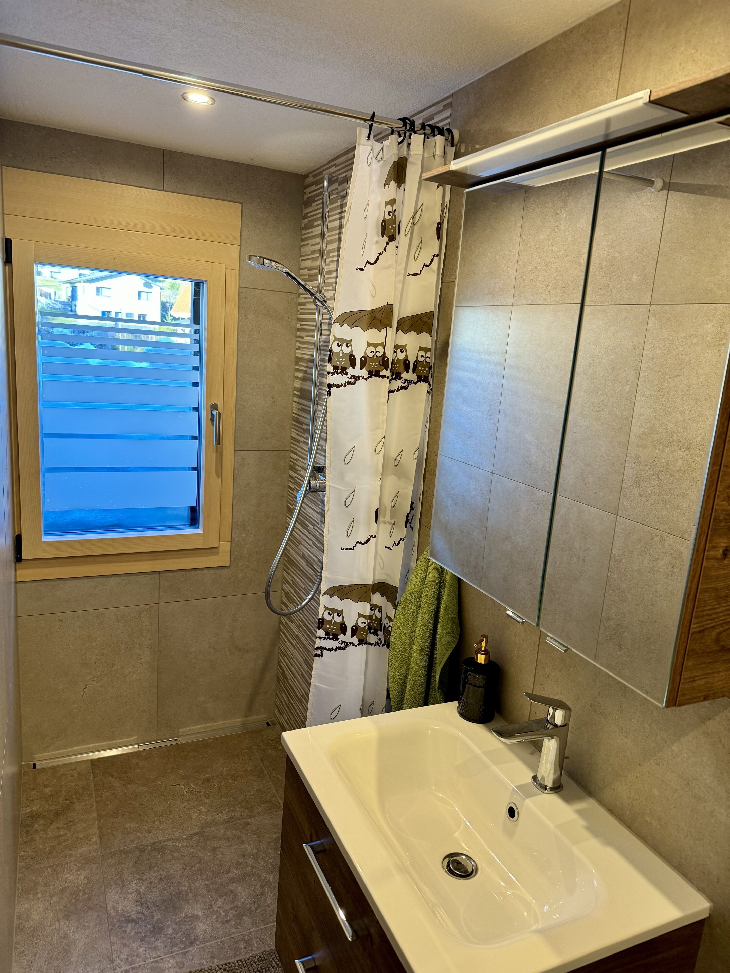 A bathroom with a shower, a sink, a mirror, and a window.