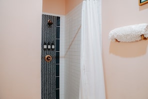 Hair dryer, towels, soap
